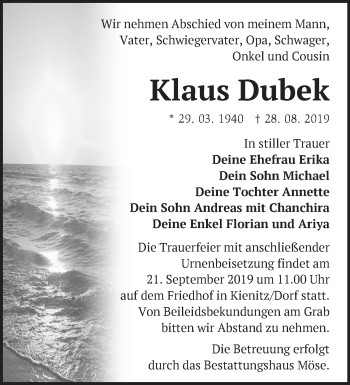 Traueranzeige von Klaus Dubek von Märkische Oderzeitung