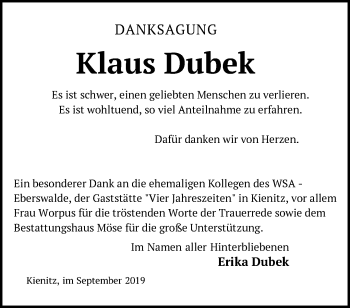 Traueranzeige von Klaus Dubek von Märkische Oderzeitung