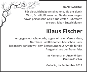 Traueranzeige von Klaus Fischer von Märkische Oderzeitung