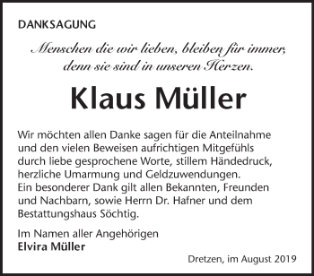 Traueranzeige von Klaus Müller von Märkische Oderzeitung