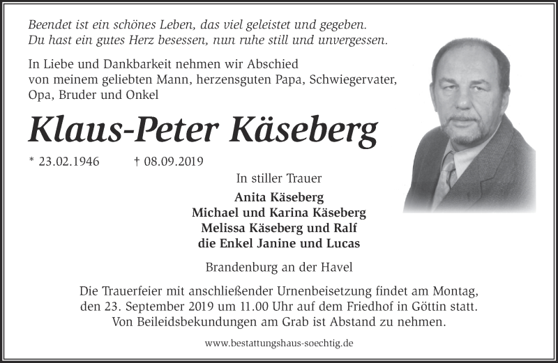  Traueranzeige für Klaus-Peter Käseberg vom 15.09.2019 aus Märkische Oderzeitung