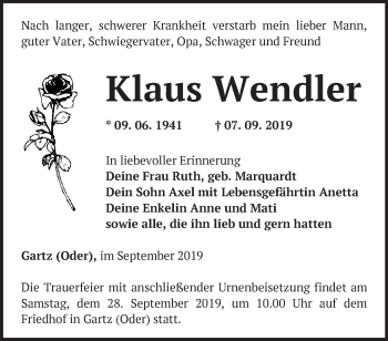 Traueranzeige von Klaus Wendler von Märkische Oderzeitung