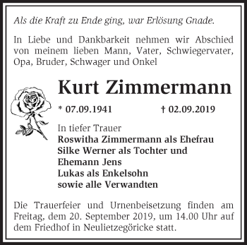 Traueranzeige von Kurt Zimmermann von Märkische Oderzeitung