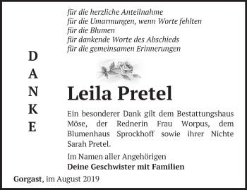 Traueranzeige von Leila Pretel von Märkische Oderzeitung