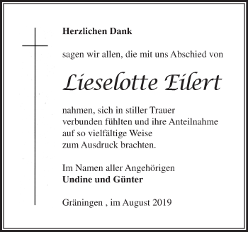 Traueranzeige von Lieselotte Eilert von Märkische Oderzeitung