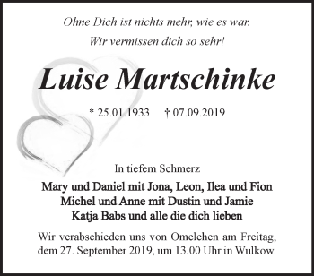 Traueranzeige von Luise Martschinke von Märkische Oderzeitung