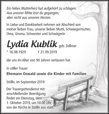 Traueranzeige von Lydia Kublik von Märkische Oderzeitung