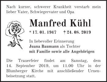 Traueranzeige von Manfred Kühl von Märkische Oderzeitung