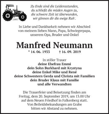 Traueranzeige von Manfred Neumann von Märkische Oderzeitung