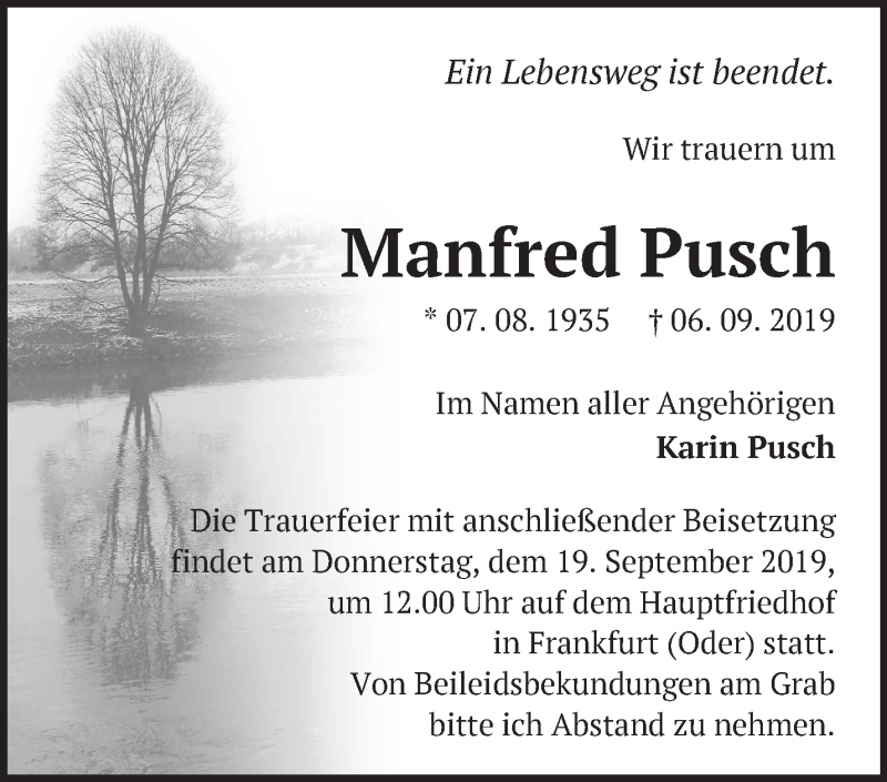  Traueranzeige für Manfred Pusch vom 10.09.2019 aus Märkische Oderzeitung