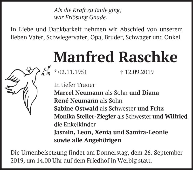  Traueranzeige für Manfred Raschke vom 21.09.2019 aus Märkische Oderzeitung