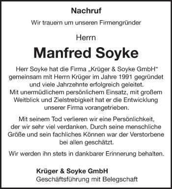 Traueranzeige von Manfred Soyke von Märkische Oderzeitung