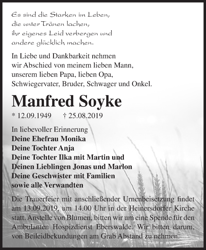  Traueranzeige für Manfred Soyke vom 03.09.2019 aus Märkische Oderzeitung