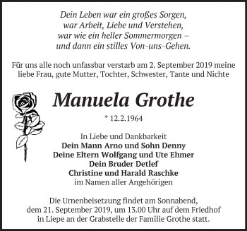 Traueranzeige von Manuela Grothe von Märkische Oderzeitung