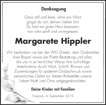 Traueranzeige von Margarete Hippler von Märkische Oderzeitung