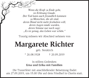 Traueranzeige von Margarete Richter von Märkische Oderzeitung