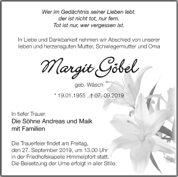 Traueranzeige von Margit Göbel von Märkische Oderzeitung