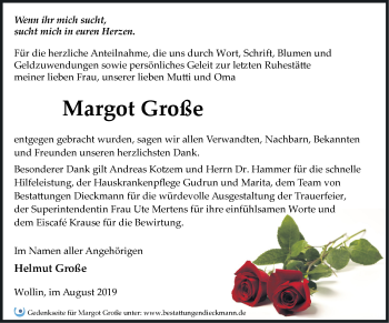 Traueranzeige von Margot Große von Märkische Oderzeitung