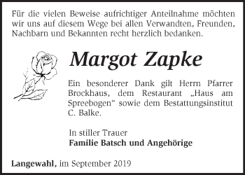 Traueranzeige von Margot Zapke von Märkische Oderzeitung