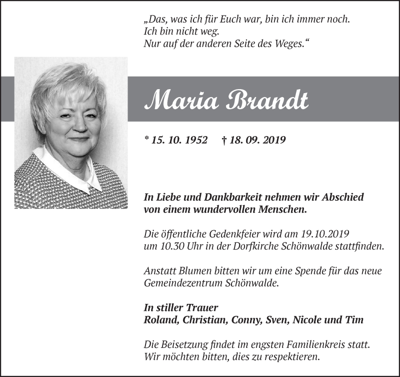  Traueranzeige für Maria Brandt vom 28.09.2019 aus Märkische Oderzeitung