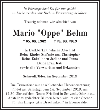 Traueranzeige von Mario  Behm von Märkische Oderzeitung