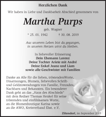 Traueranzeige von Martha Purps von Märkische Oderzeitung