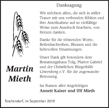 Traueranzeige von Martin Mieth von Märkische Oderzeitung