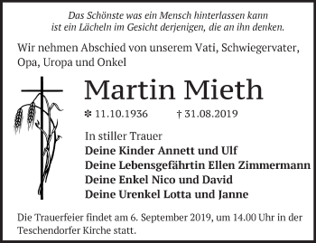 Traueranzeige von Martin Mieth von Märkische Oderzeitung