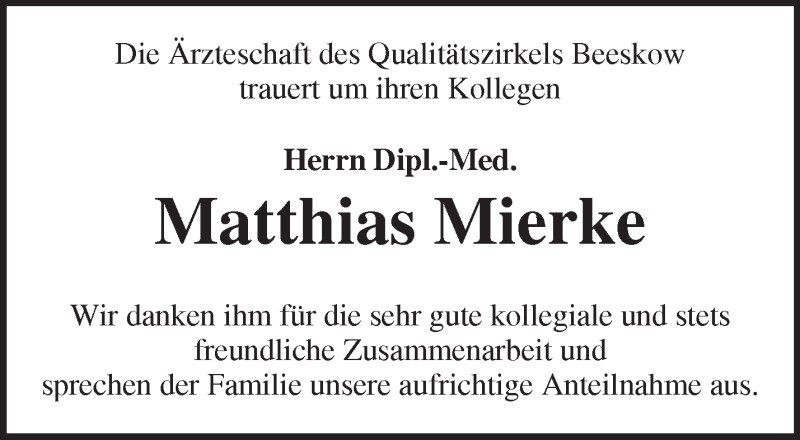  Traueranzeige für Matthias Mierke vom 04.09.2019 aus Märkische Oderzeitung