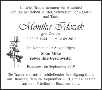 Traueranzeige von Monika Idczak von Märkische Oderzeitung