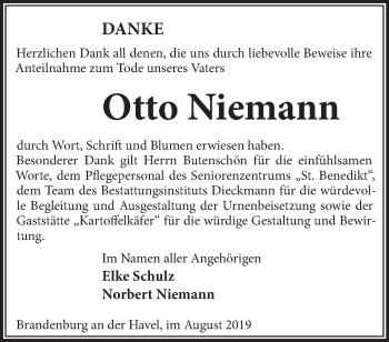 Traueranzeige von Otto Niemann von Märkische Oderzeitung