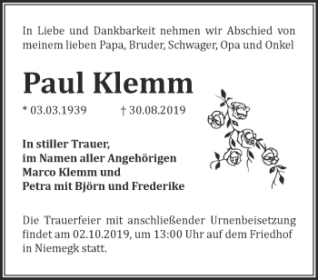 Traueranzeige von Paul Klemm von Märkische Oderzeitung