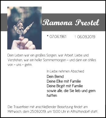 Traueranzeige von Ramona Prestel von Märkische Oderzeitung