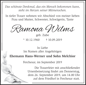 Traueranzeige von Ramona Wilms von Märkische Oderzeitung