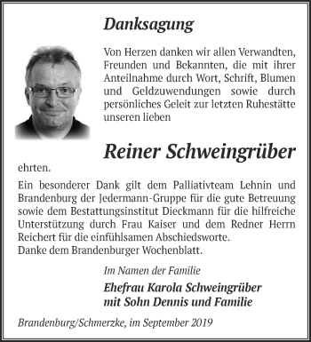 Traueranzeige von Reiner Schweingrüber von Märkische Oderzeitung