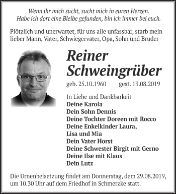 Traueranzeige von Reiner Schweingrüber von Märkische Oderzeitung