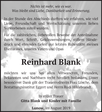 Traueranzeige von Reinhard Blank von Märkische Oderzeitung