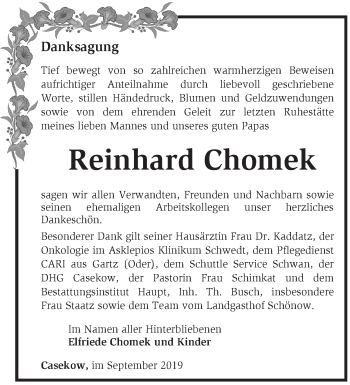 Traueranzeige von Reinhard Chomek von Märkische Oderzeitung