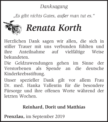 Traueranzeige von Renata Korth von Märkische Oderzeitung