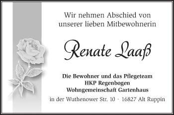 Traueranzeige von Renate Laaß von Märkische Oderzeitung