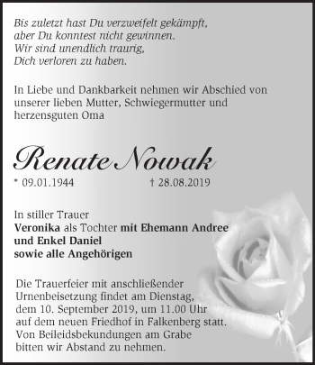 Traueranzeige von Renate Nowak von Märkische Oderzeitung