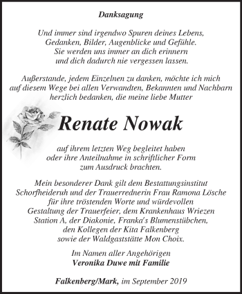 Traueranzeige von Renate Nowak von Märkische Oderzeitung