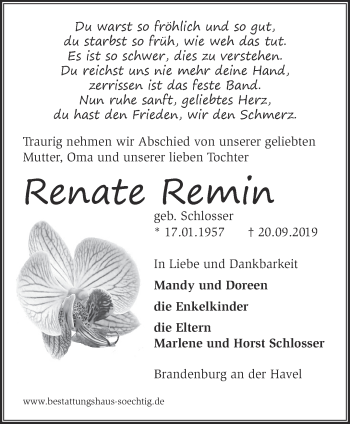 Traueranzeige von Renate Remin von Märkische Oderzeitung