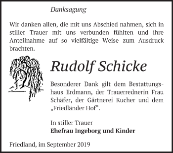 Traueranzeige von Rudolf Schicke von Märkische Oderzeitung