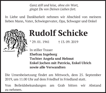 Traueranzeige von Rudolf Schicke von Märkische Oderzeitung