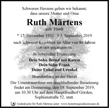 Traueranzeige von Ruth Märtens von Märkische Oderzeitung