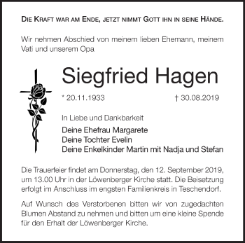 Traueranzeige von Siegfried Hagen von Märkische Oderzeitung