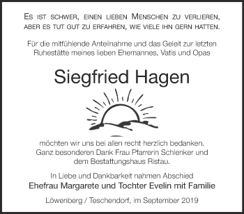 Traueranzeige von Siegfried Hagen von Märkische Oderzeitung