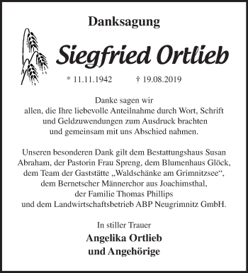 Traueranzeige von Siegfried Ortlieb von Märkische Oderzeitung