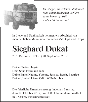 Traueranzeige von Sieghard Dukat von Märkische Oderzeitung